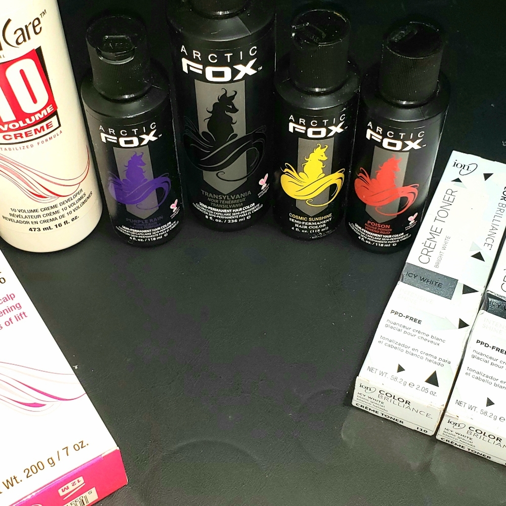 Hair Bleach, Toner, Dye, Developer, bowl and brush